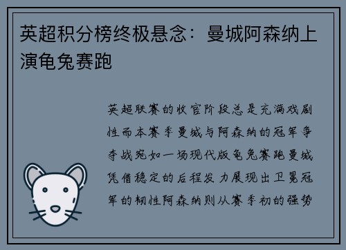 英超积分榜终极悬念:曼城阿森纳上演龟兔赛跑